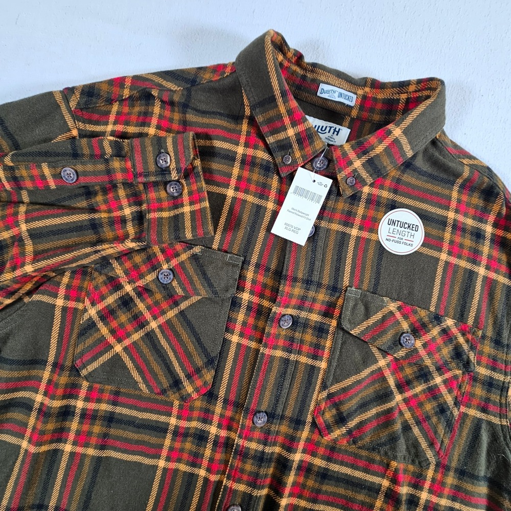 Duluth Trading Co Flannel Shirt Mens XL Olive Red Burlyweight Relaxed Untucked